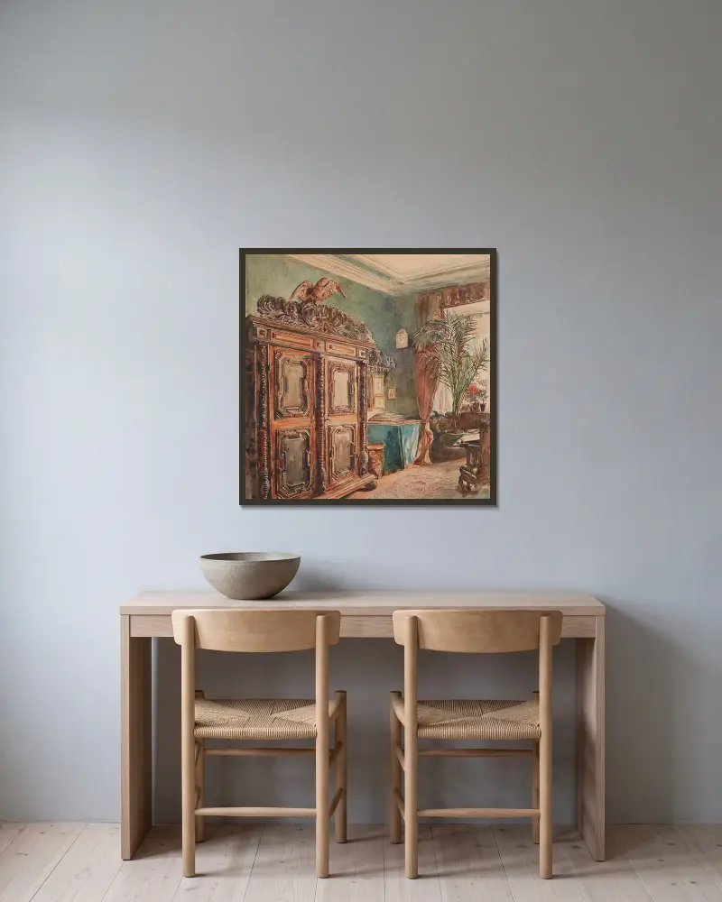 Das Arbeitszimmer des Künstlers von Rudolf von Alt gerahmt an einer Wand
