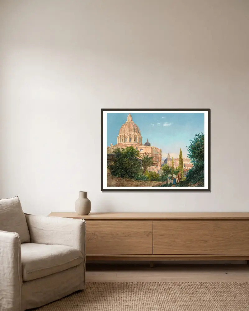 Der Petersdom vom Vatikanischen Garten aus von Rudolf von Alt gerahmt an einer Wand