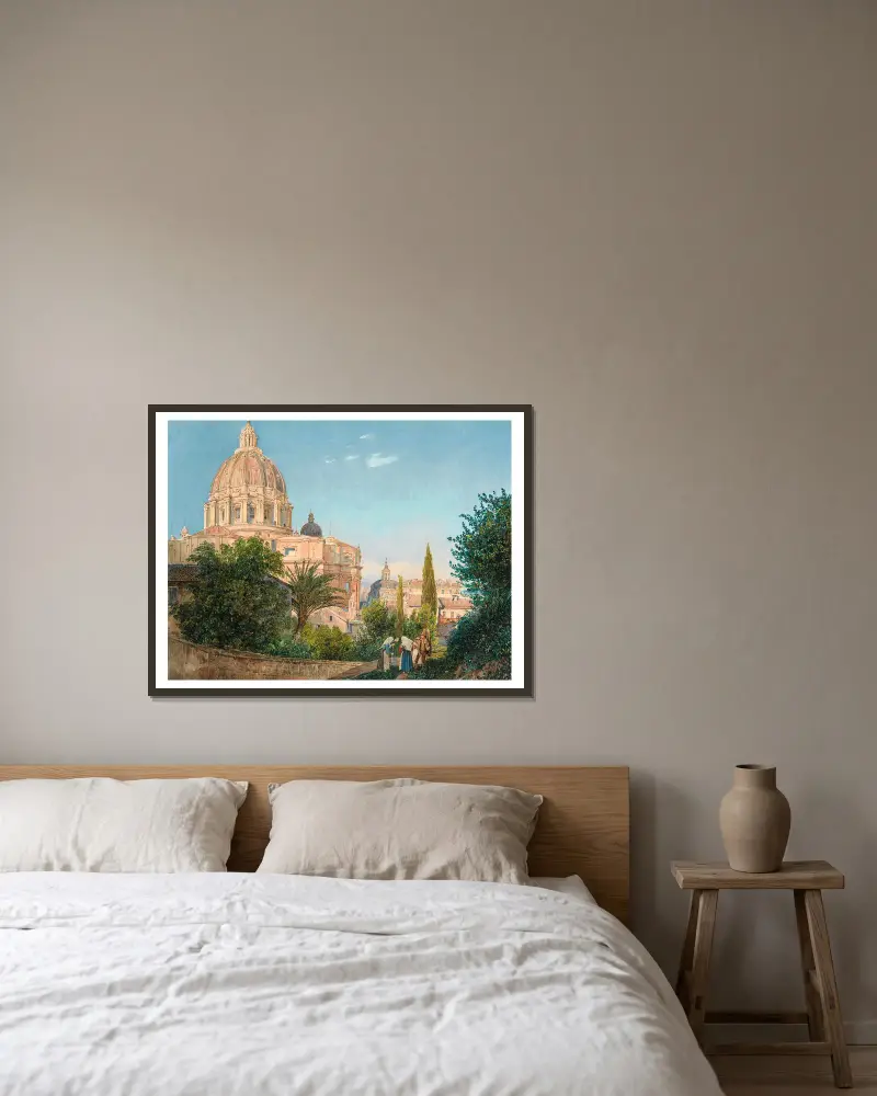 Der Petersdom vom Vatikanischen Garten aus von Rudolf von Alt gerahmt an einer Wand