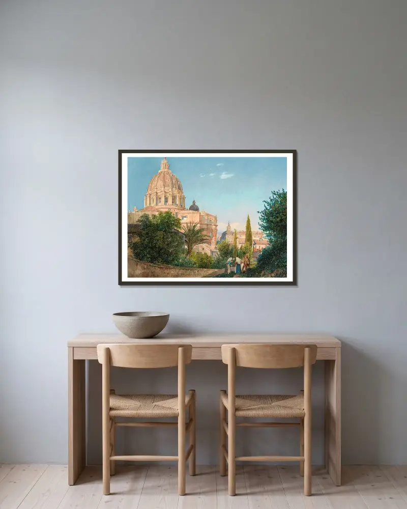 Der Petersdom vom Vatikanischen Garten aus von Rudolf von Alt gerahmt an einer Wand