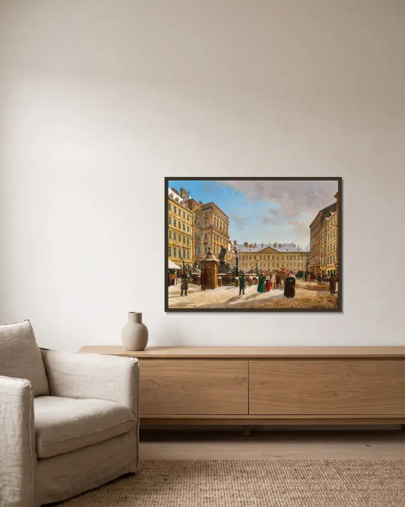 Neuer Markt i Wien på vintern av Rudolf von Alt inramad på en vägg