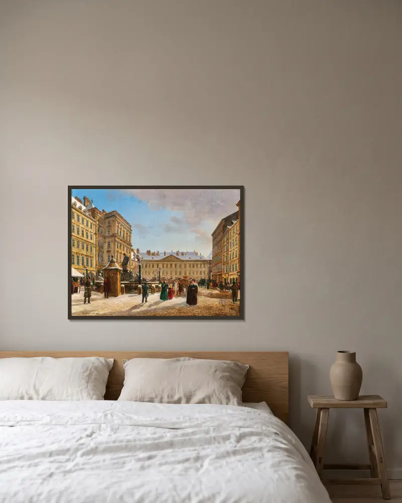Neuer Markt i Wien på vintern av Rudolf von Alt inramad på en vägg