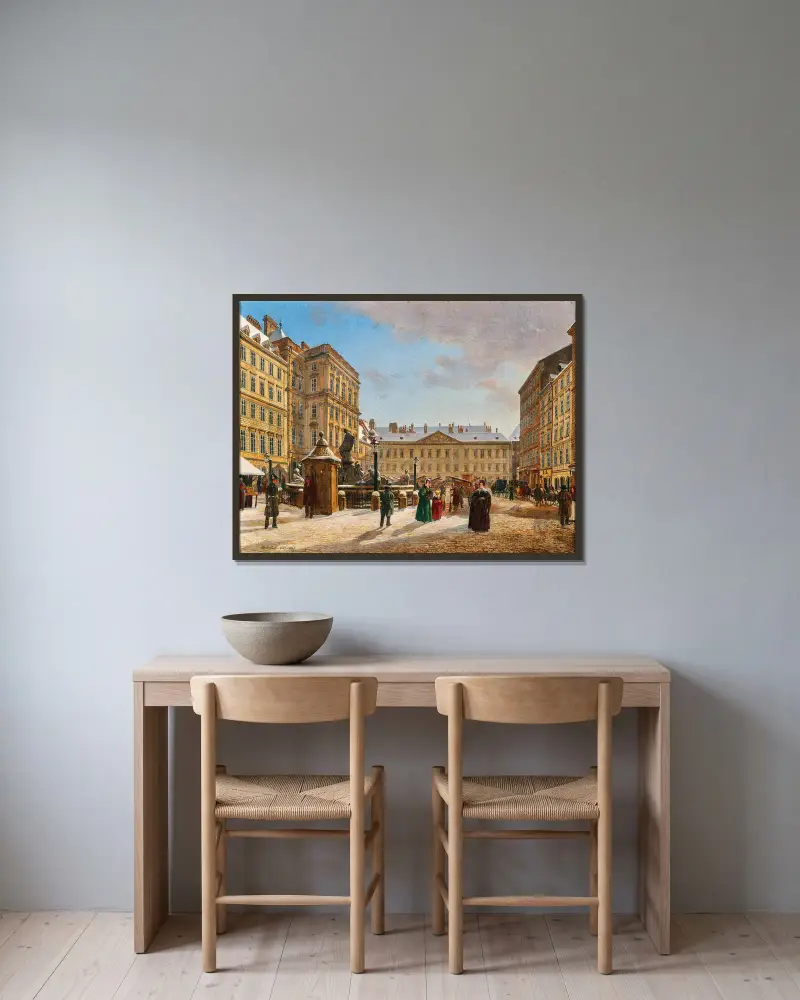 Neuer Markt i Wien på vintern av Rudolf von Alt inramad på en vägg
