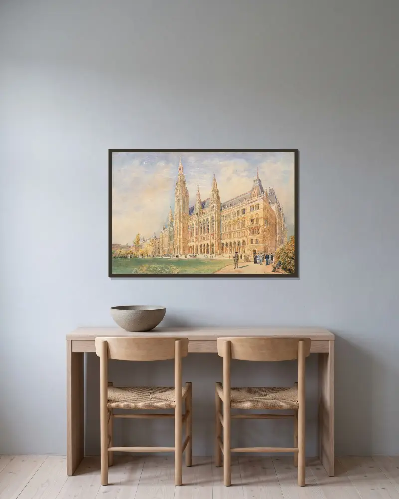 Wiens rådhus och rådhusplatsen med figurer av Rudolf von Alt inramad på en vägg