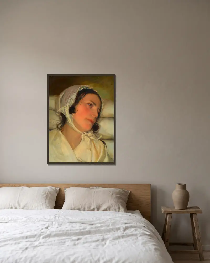 Antonie Amerling vid sjukbädden (konstnärens första hustru) av Friedrich von Amerling inramad på en vägg