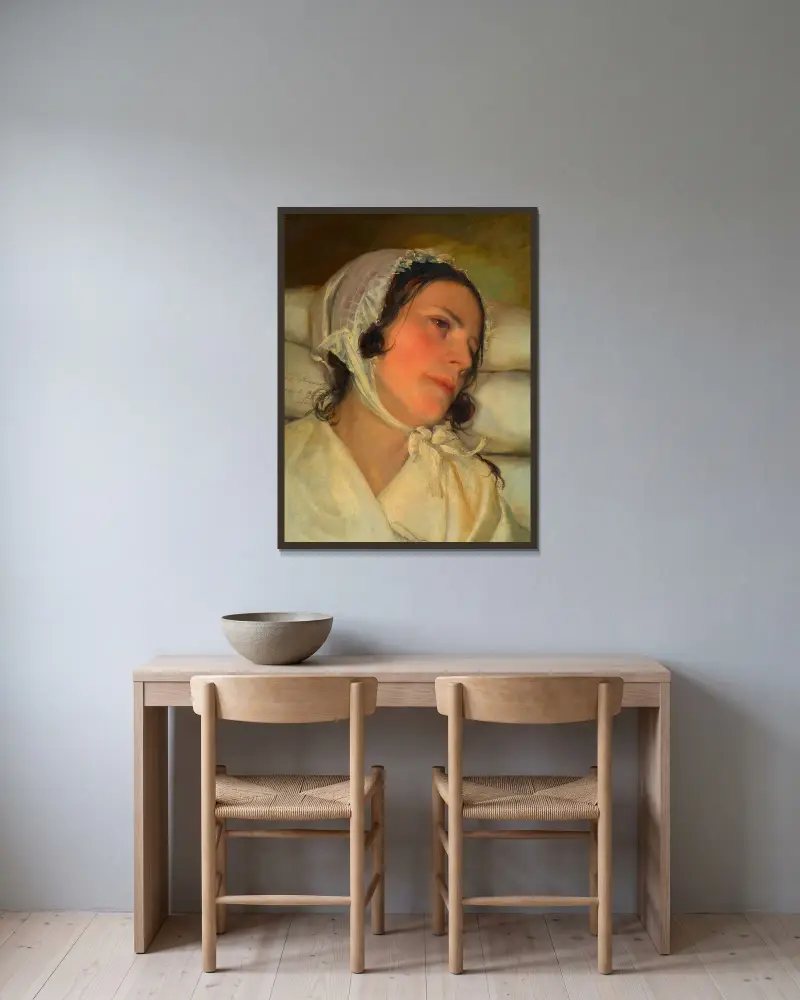 Antonie Amerling vid sjukbädden (konstnärens första hustru) av Friedrich von Amerling inramad på en vägg