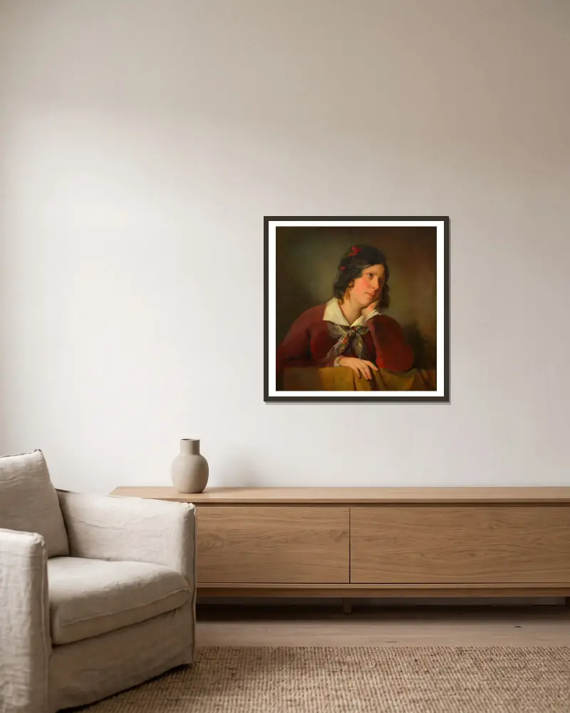 Antonie Amerling med stöttat huvud (konstnärens första hustru) av Friedrich von Amerling inramad på en vägg