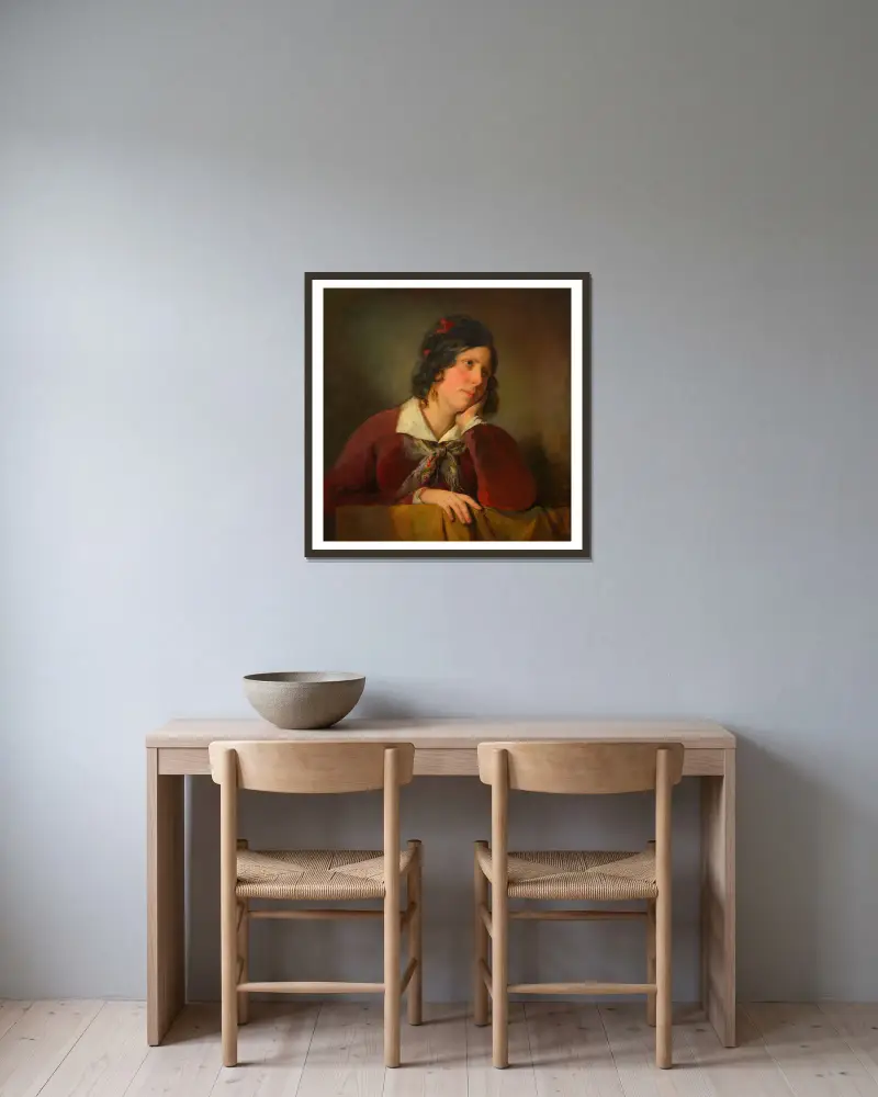 Antonie Amerling med stöttat huvud (konstnärens första hustru) av Friedrich von Amerling inramad på en vägg