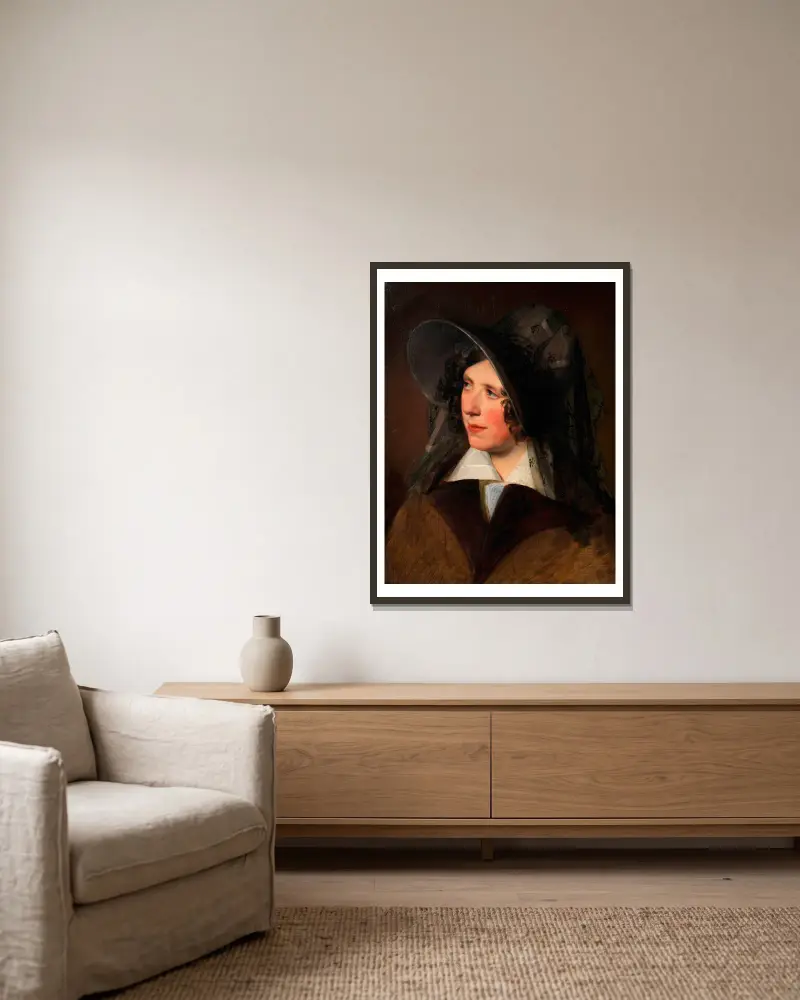 Antonie Amerling mit schwarzem Schleierhut (1. Gattin des Künstlers) av Friedrich von Amerling inramad på en vägg