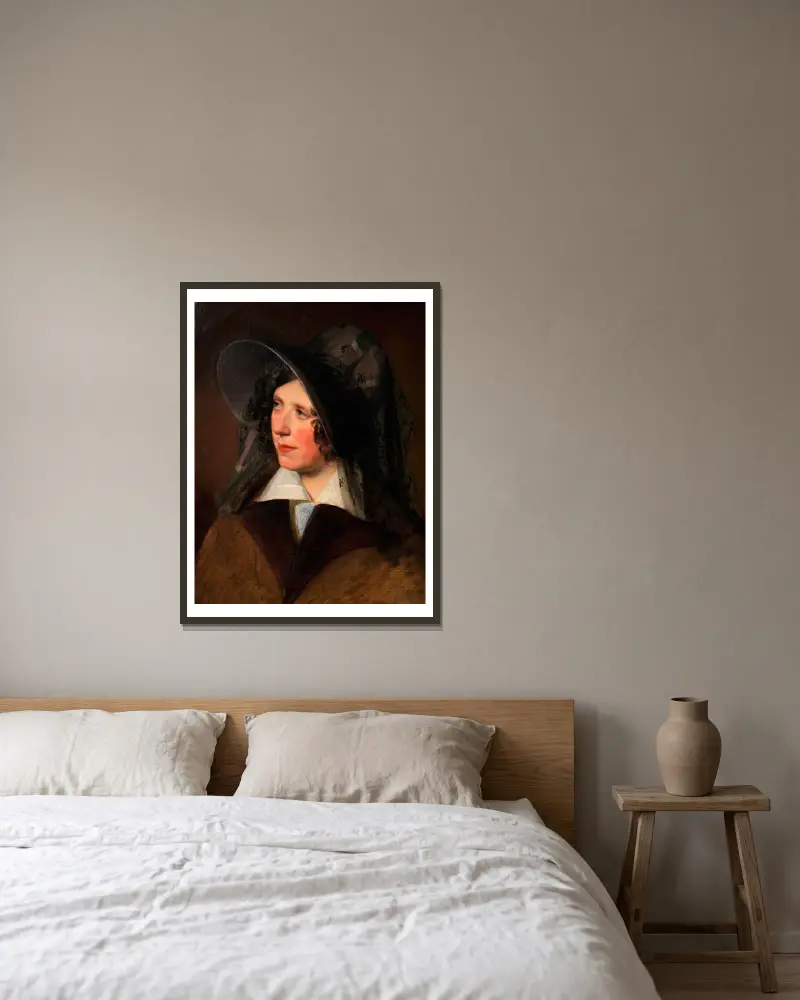 Antonie Amerling mit schwarzem Schleierhut (1. Gattin des Künstlers) av Friedrich von Amerling inramad på en vägg