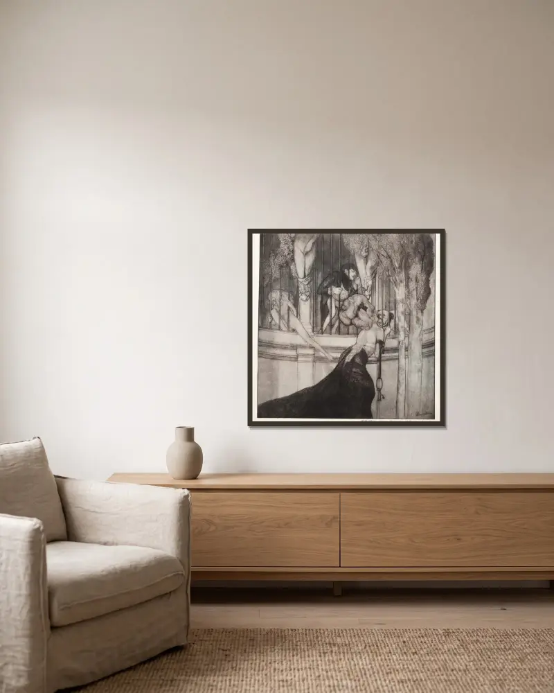 Erotisk framställning 5 av Franz von Bayros inramad på en vägg