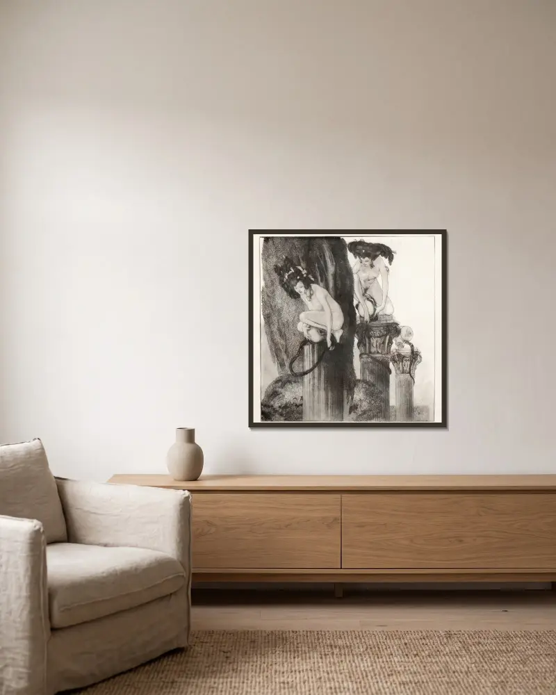 Erotische Darstellung 6 von Franz von Bayros gerahmt an einer Wand