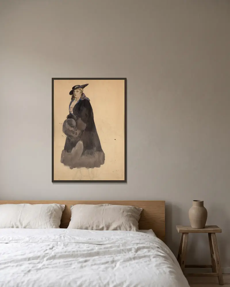 Studie av en elegant kvinna i svart kappa av Franz von Bayros inramad på en vägg