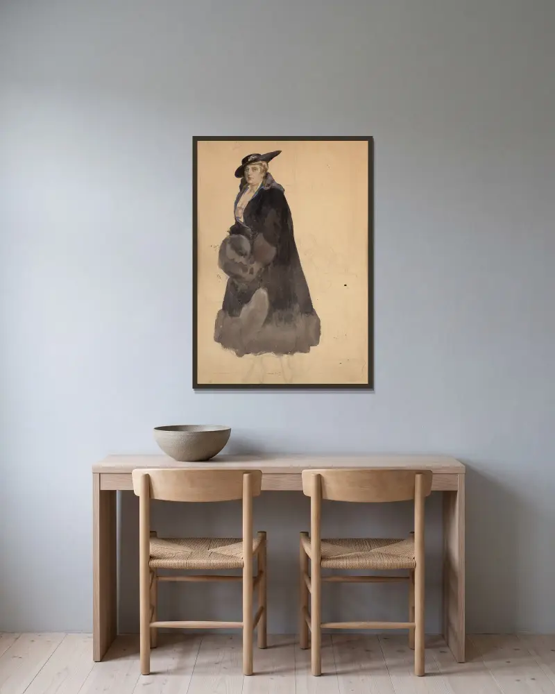 Studie av en elegant kvinna i svart kappa av Franz von Bayros inramad på en vägg