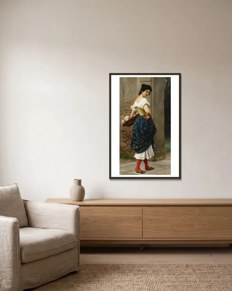Ein junges Mädchen mit einem Rosenkorb von Eugen von Blaas gerahmt an einer Wand