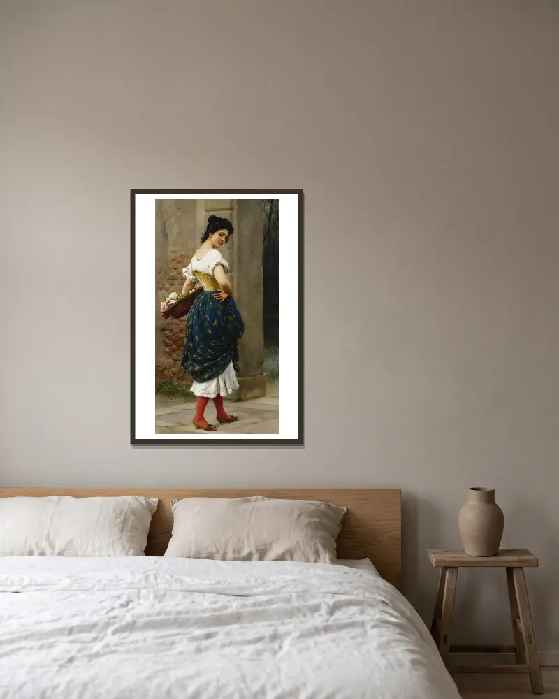 Ein junges Mädchen mit einem Rosenkorb von Eugen von Blaas gerahmt an einer Wand