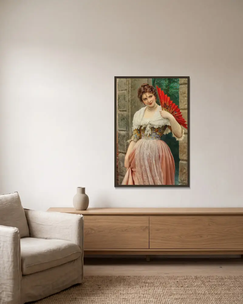 Junge Dame mit rotem Fächer von Eugen von Blaas gerahmt an einer Wand