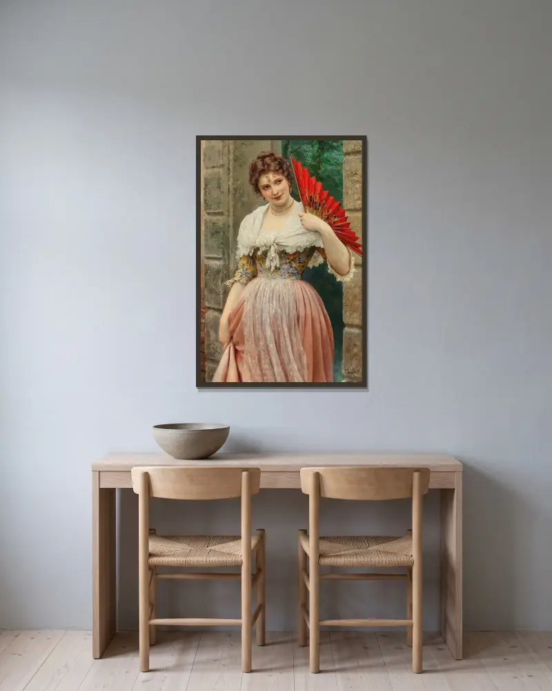 Junge Dame mit rotem Fächer von Eugen von Blaas gerahmt an einer Wand