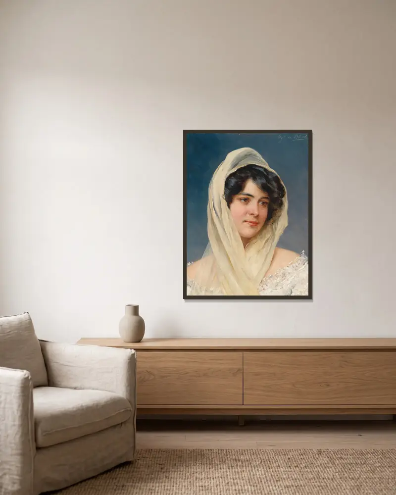 Bildnis einer jungen Dame mit Schleier von Eugen von Blaas gerahmt an einer Wand