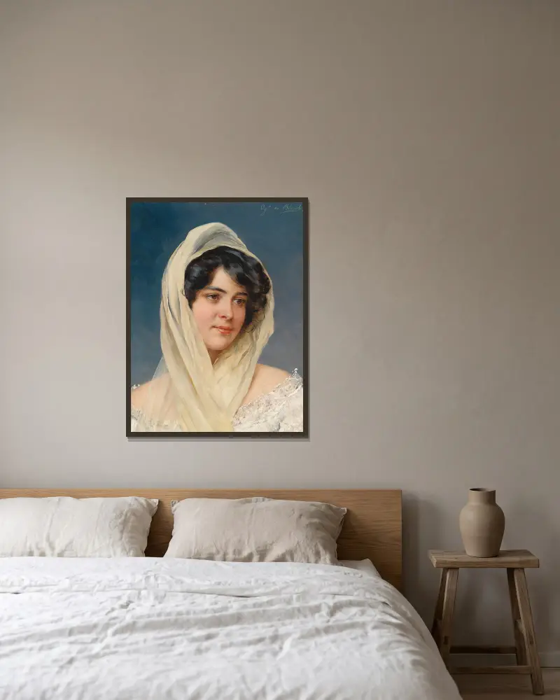 Bildnis einer jungen Dame mit Schleier von Eugen von Blaas gerahmt an einer Wand
