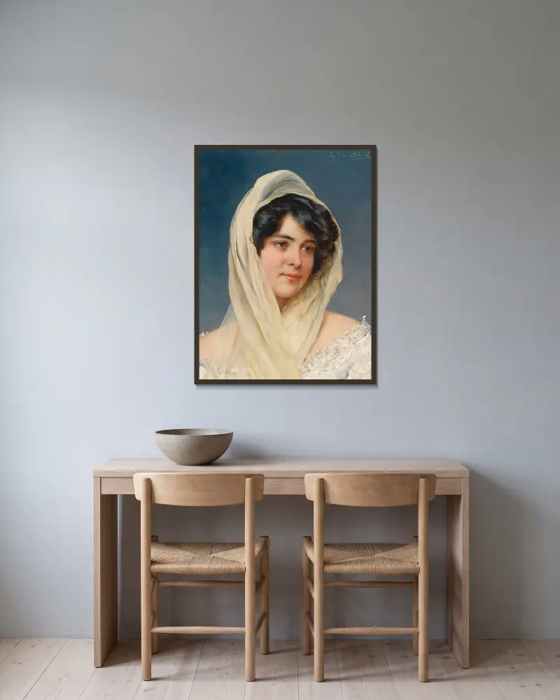 Bildnis einer jungen Dame mit Schleier von Eugen von Blaas gerahmt an einer Wand