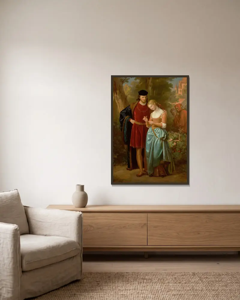 Faust och Marguerite i trädgården av Eugen von Blaas inramad på en vägg