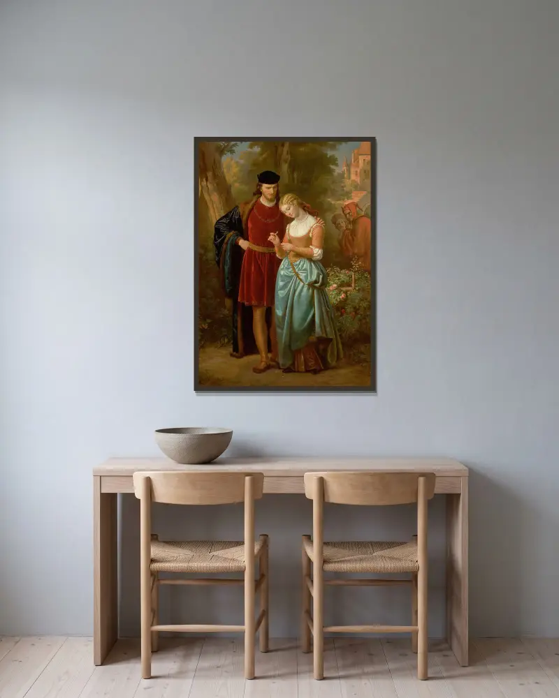 Faust och Marguerite i trädgården av Eugen von Blaas inramad på en vägg