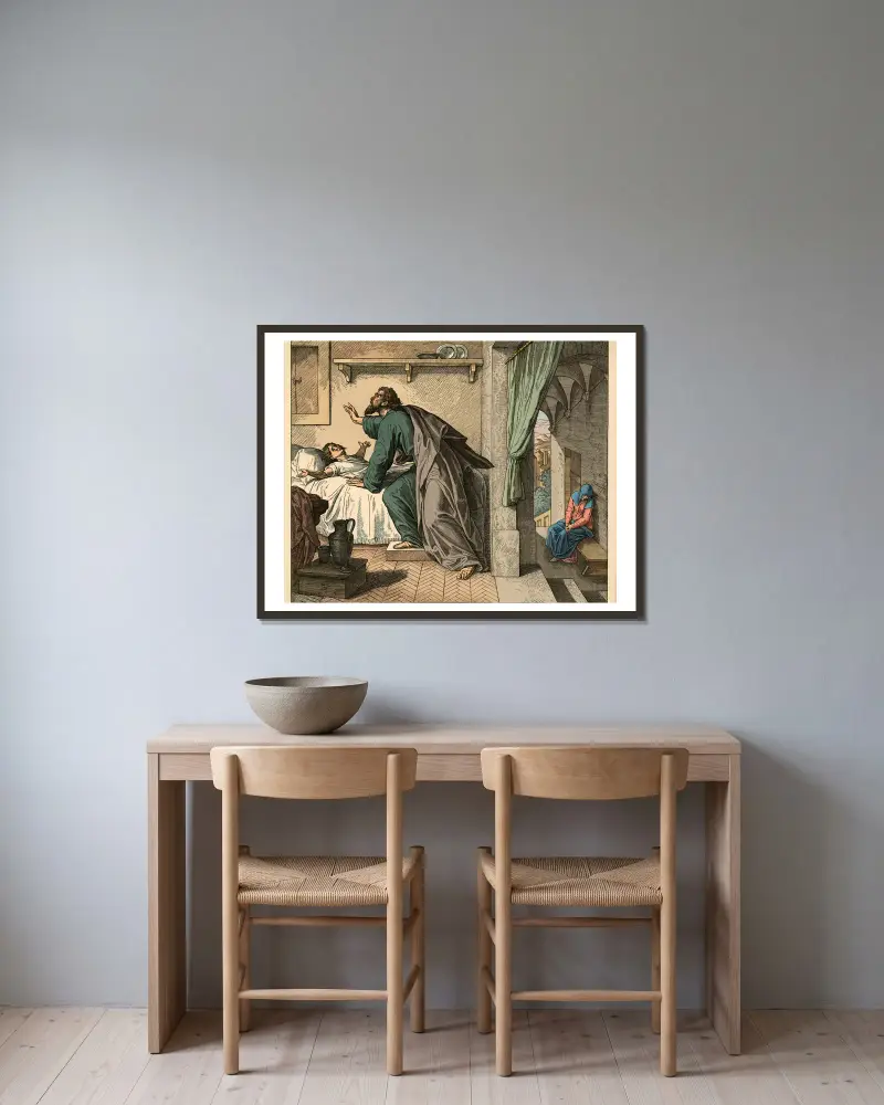 Auferweckung des Sohnes der Witwe (Elijah raising the widows son) av Julius Schnorr von Carolsfeld inramad på en vägg