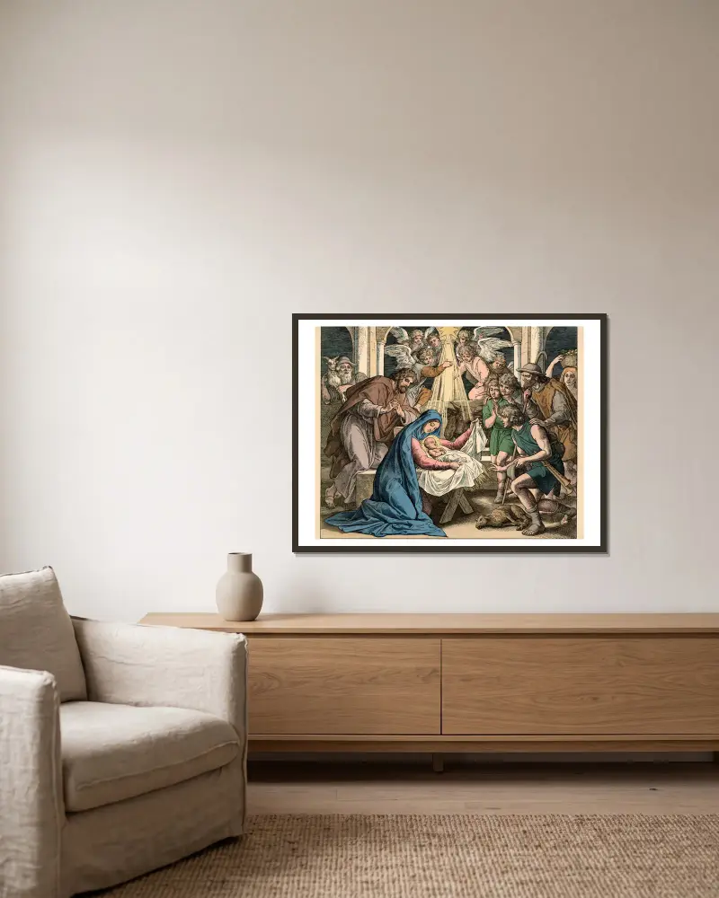 Christi Geburt von Julius Schnorr von Carolsfeld gerahmt an einer Wand