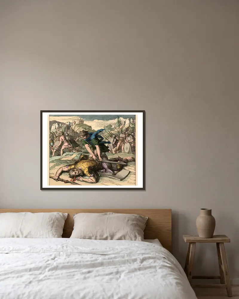 David überwindet Goliath im Zweikampf (David slaying Goliath) av Julius Schnorr von Carolsfeld inramad på en vägg