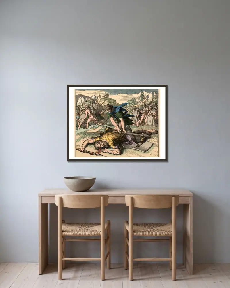 David überwindet Goliath im Zweikampf (David slaying Goliath) av Julius Schnorr von Carolsfeld inramad på en vägg