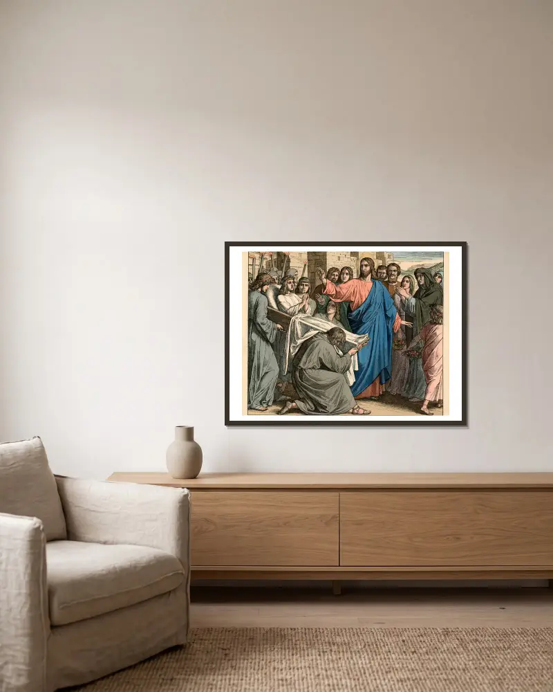 Die Auferweckung des Jünglings zu Nain (The raising of the young man at Nain) av Julius Schnorr von Carolsfeld inramad på en vägg