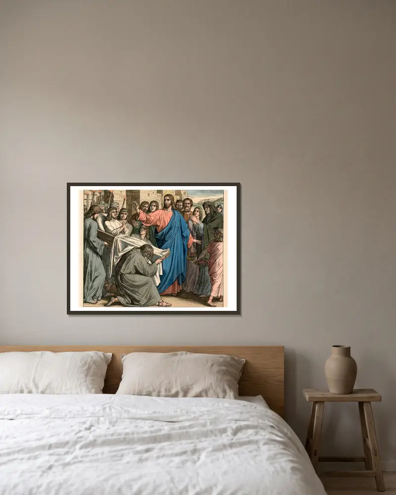 Die Auferweckung des Jünglings zu Nain (The raising of the young man at Nain) av Julius Schnorr von Carolsfeld inramad på en vägg