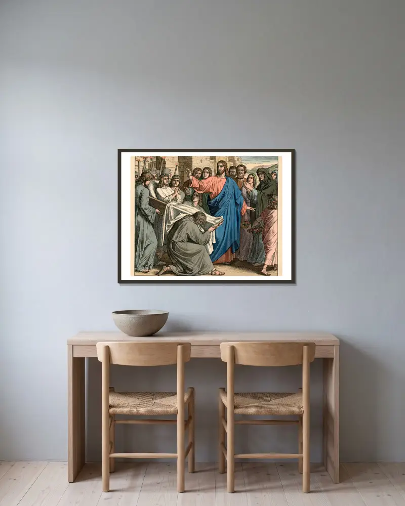 Die Auferweckung des Jünglings zu Nain (The raising of the young man at Nain) av Julius Schnorr von Carolsfeld inramad på en vägg