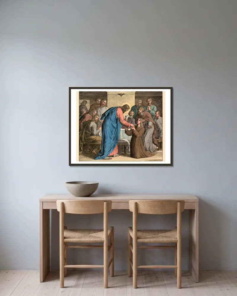 Instiftandet av den heliga nattvarden av Julius Schnorr von Carolsfeld inramad på en vägg