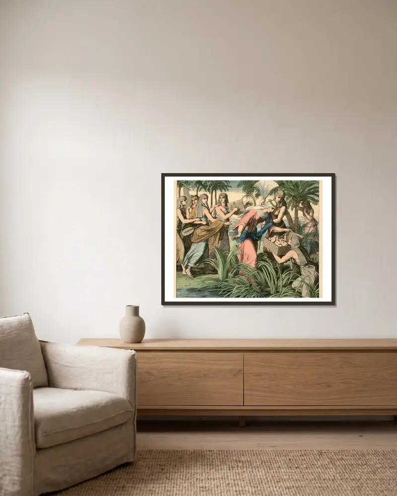 Die Findung Mosis von Julius Schnorr von Carolsfeld gerahmt an einer Wand