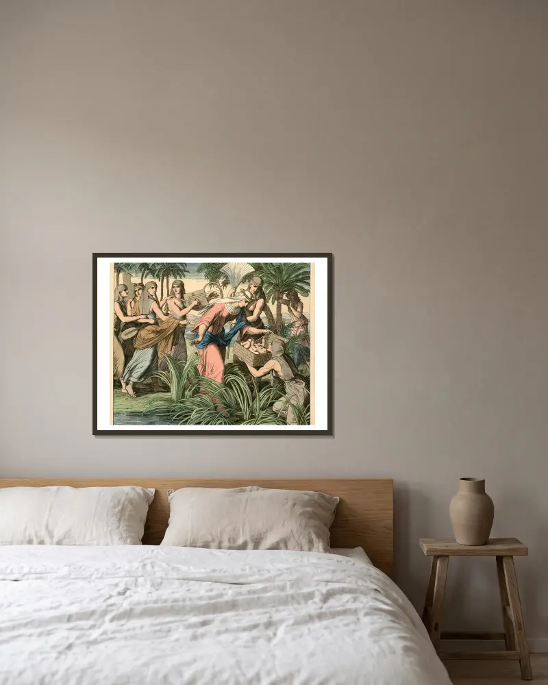 Die Findung Mosis von Julius Schnorr von Carolsfeld gerahmt an einer Wand
