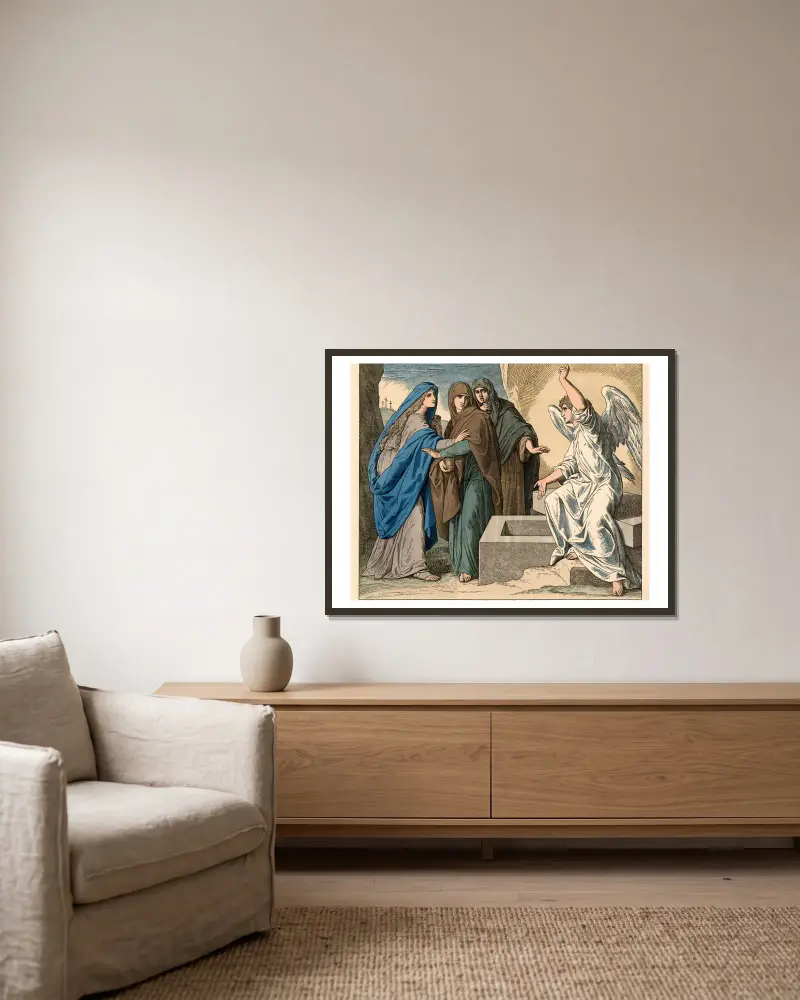 Kvinnorna vid Jesu grav (en ängel förkunnar Kristi uppståndelse) av Julius Schnorr von Carolsfeld inramad på en vägg