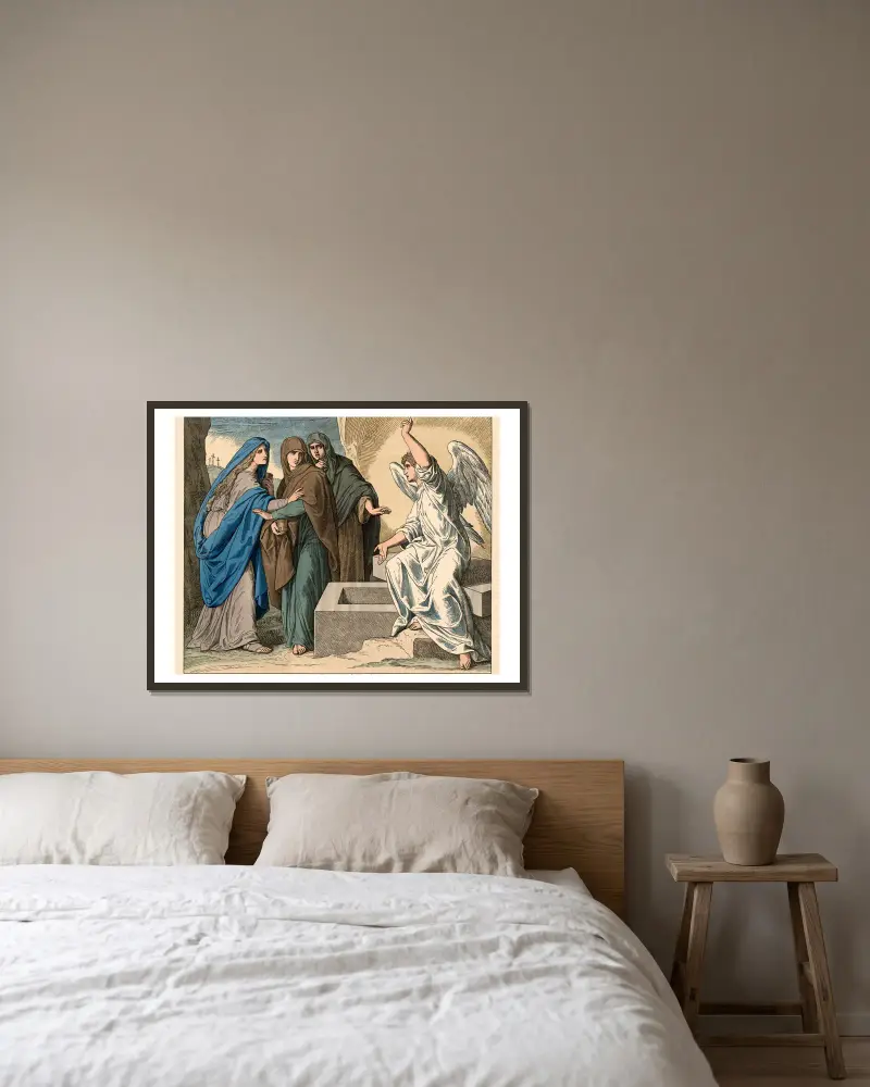 Kvinnorna vid Jesu grav (en ängel förkunnar Kristi uppståndelse) av Julius Schnorr von Carolsfeld inramad på en vägg