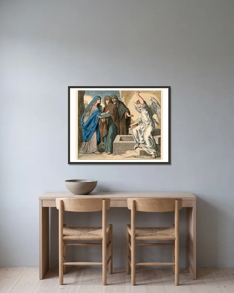 Kvinnorna vid Jesu grav (en ängel förkunnar Kristi uppståndelse) av Julius Schnorr von Carolsfeld inramad på en vägg