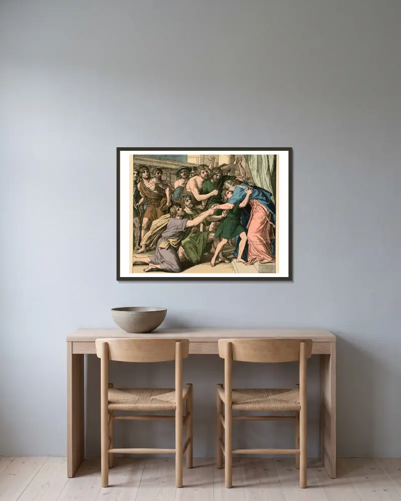 Die Wiedererkennung Josephs (Joseph making himself known to his brethren) av Julius Schnorr von Carolsfeld inramad på en vägg