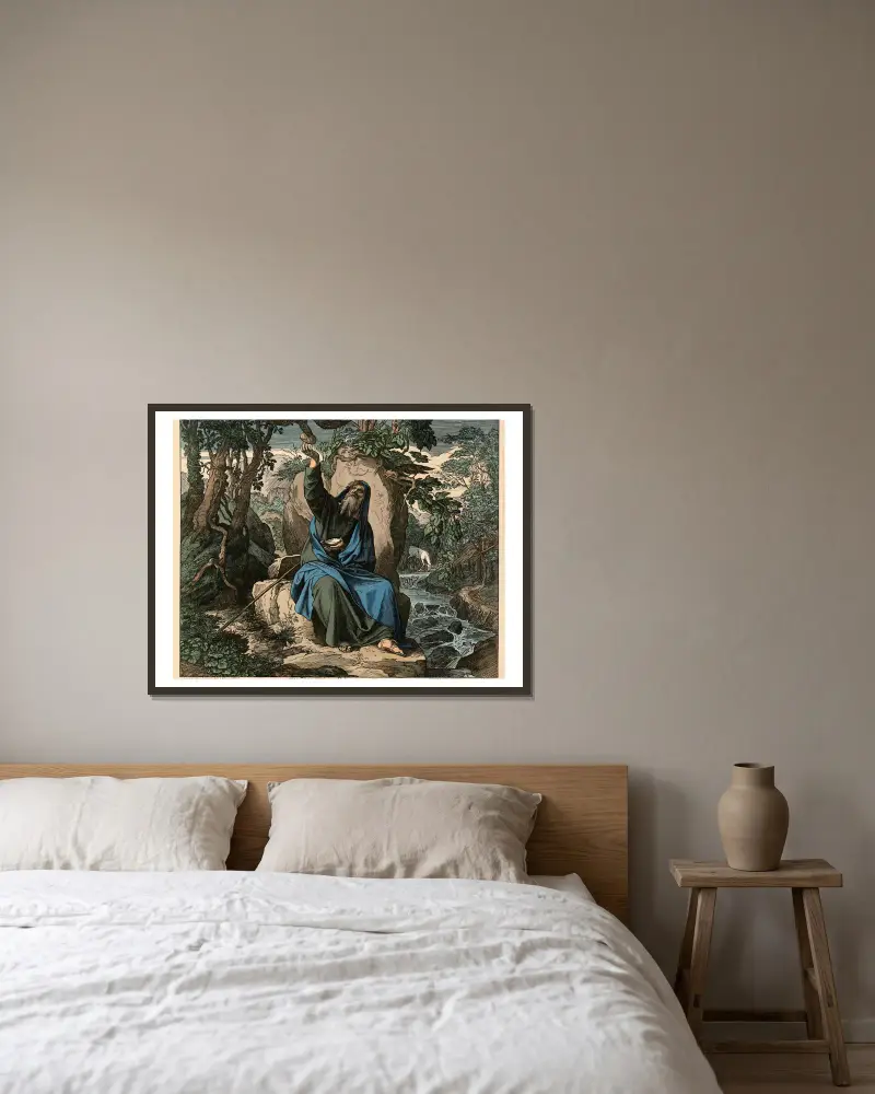 Elias matas av korpar av Julius Schnorr von Carolsfeld inramad på en vägg