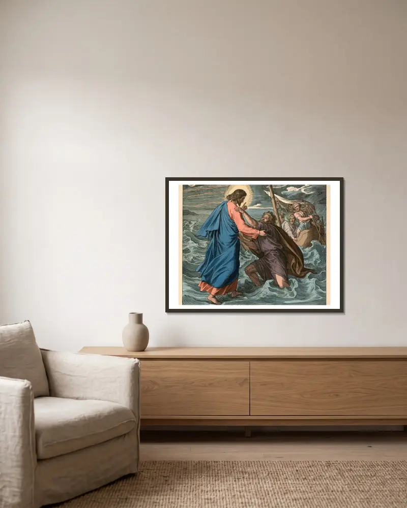Jesus räddar Petrus ur havet av Julius Schnorr von Carolsfeld inramad på en vägg