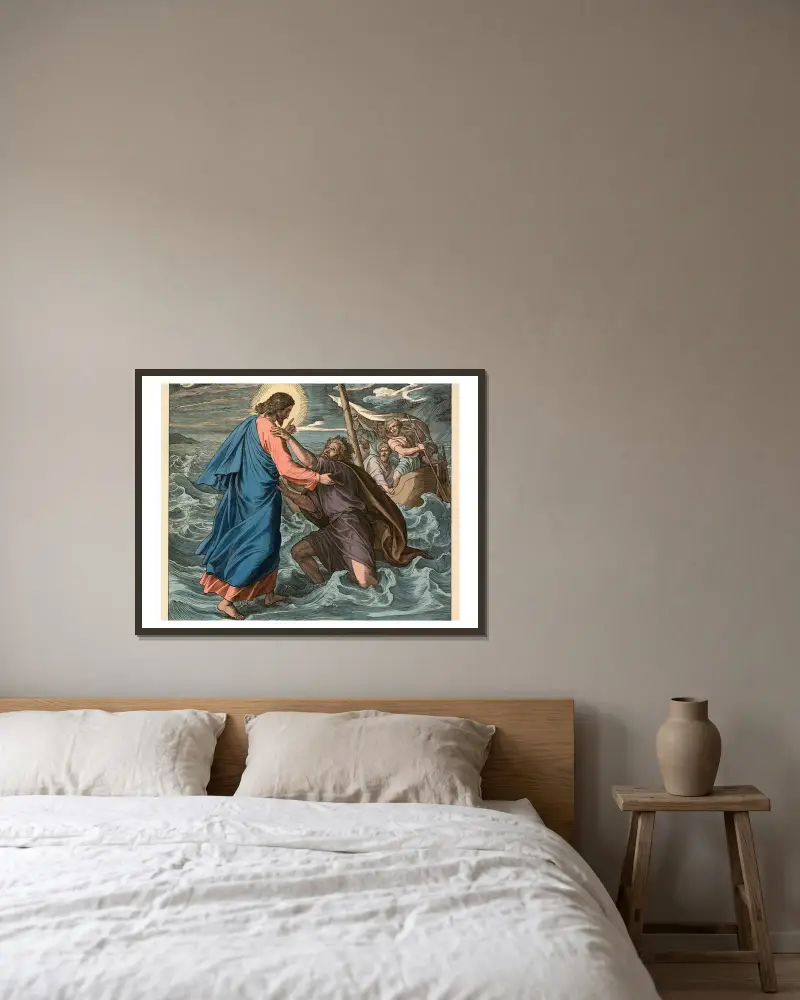 Jesus räddar Petrus ur havet av Julius Schnorr von Carolsfeld inramad på en vägg