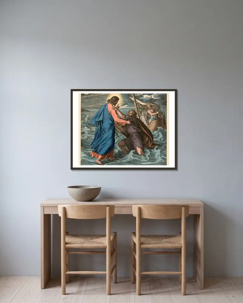 Jesus räddar Petrus ur havet av Julius Schnorr von Carolsfeld inramad på en vägg
