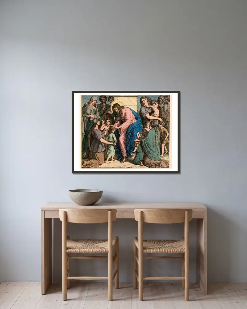 Jesus ruft die Kindlein zu sich (Jesus calls the children to him) av Julius Schnorr von Carolsfeld inramad på en vägg