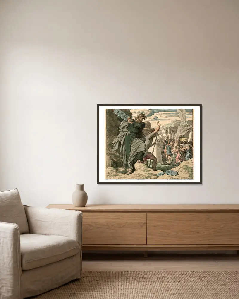 Moses zertrümmert die Gesetztafeln (Moses smashes the tablets of the law) av Julius Schnorr von Carolsfeld inramad på en vägg