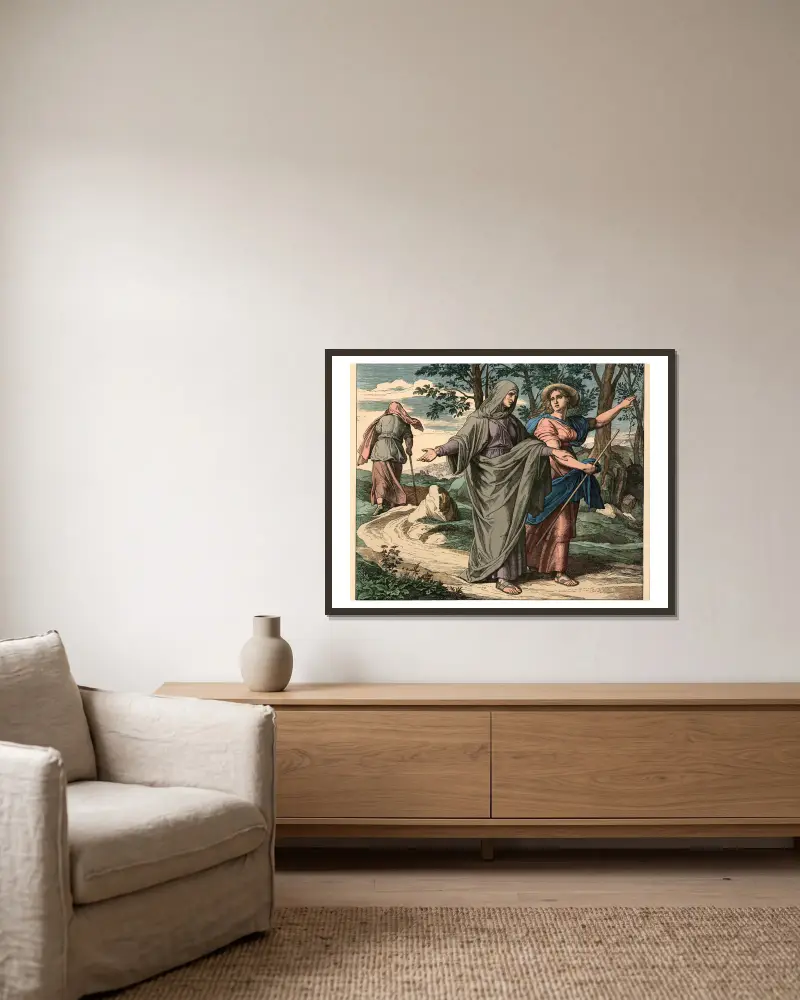 Rut följer Noomi till Betlehem av Julius Schnorr von Carolsfeld inramad på en vägg