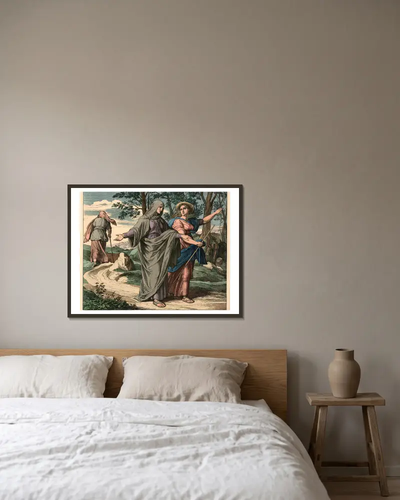 Rut följer Noomi till Betlehem av Julius Schnorr von Carolsfeld inramad på en vägg
