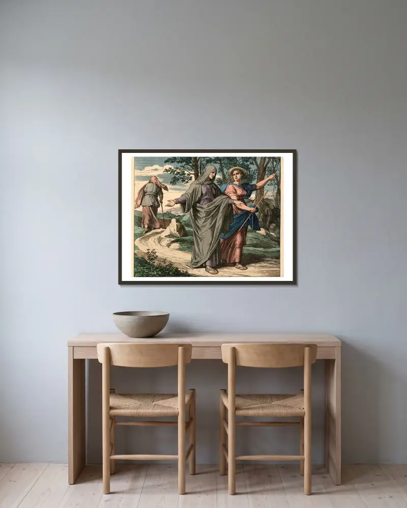 Rut följer Noomi till Betlehem av Julius Schnorr von Carolsfeld inramad på en vägg